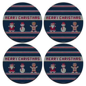 Merry christmas knitted, SET of 4 round wooden coasters (9cm)