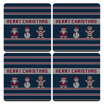 Merry christmas knitted, ΣΕΤ 4 Σουβέρ ξύλινα τετράγωνα (9cm)