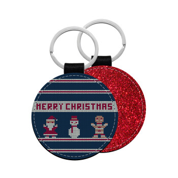 Merry christmas knitted, Μπρελόκ Δερματίνη, στρογγυλό ΚΟΚΚΙΝΟ (5cm)