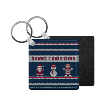 Merry christmas knitted, Μπρελόκ Δερματίνη, τετράγωνο ΜΑΥΡΟ (5x5cm)