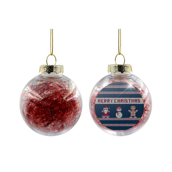 Merry christmas knitted, Χριστουγεννιάτικη μπάλα δένδρου διάφανη με κόκκινο γέμισμα 8cm
