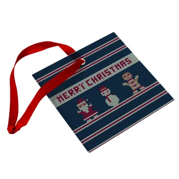 Merry christmas knitted, Christmas ornament, glass square ornament 9x9cm