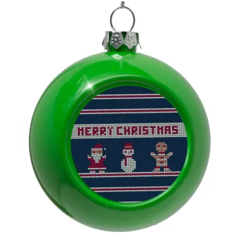 Merry christmas knitted, Green Christmas tree ornament bauble 8cm