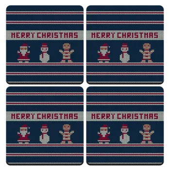 Merry christmas knitted, ΣΕΤ 4 Σουβέρ ξύλινα τετράγωνα (9cm)