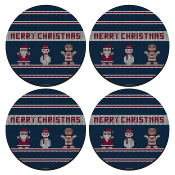 Merry christmas knitted, SET of 4 round wooden coasters (9cm)