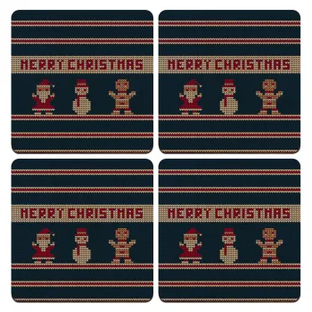 Merry christmas knitted, ΣΕΤ x4 Σουβέρ ξύλινα τετράγωνα plywood (9cm)