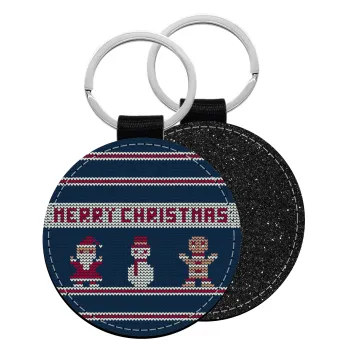 Merry christmas knitted, Μπρελόκ Δερματίνη, στρογγυλό ΜΑΥΡΟ (5cm)