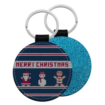 Merry christmas knitted, Μπρελόκ Δερματίνη, στρογγυλό ΜΠΛΕ (5cm)