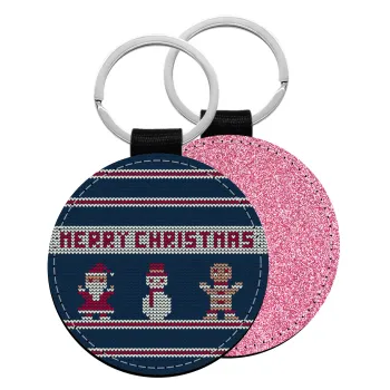 Merry christmas knitted, Μπρελόκ Δερματίνη, στρογγυλό ΡΟΖ (5cm)