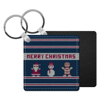 Merry christmas knitted, Μπρελόκ Δερματίνη, τετράγωνο ΜΑΥΡΟ (5x5cm)