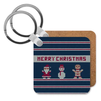 Merry christmas knitted, Μπρελόκ Ξύλινο τετράγωνο MDF