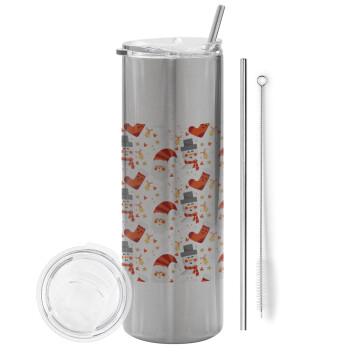 Santa ho ho ho, Eco friendly stainless steel Silver tumbler 600ml, with metal straw & cleaning brush