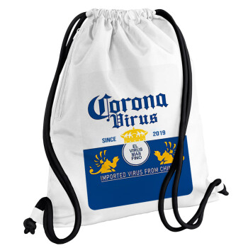 Corona virus, Τσάντα πλάτης πουγκί GYMBAG λευκή, με τσέπη (40x48cm) & χονδρά κορδόνια