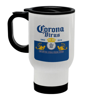 Corona virus, Stainless steel travel mug with lid, double wall white 450ml