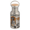 Stainless steel metallic thermos flask, silver with a bamboo lid, double-walled, 350ml.