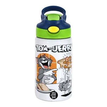 Tom n Jerry, Children's hot water bottle, stainless steel, with safety straw, green, blue (350ml)