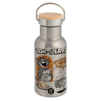 Tom n Jerry, Stainless steel metallic thermos flask, silver with a bamboo lid, double-walled, 350ml.