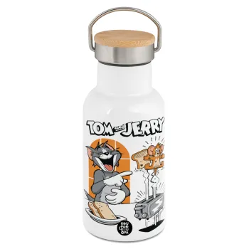 Tom n Jerry, Metallic thermos (Stainless steel) White with wooden lid (bamboo), double-walled, 350ml