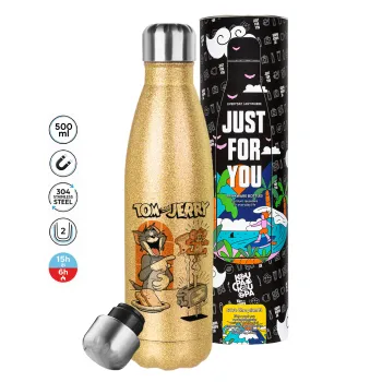 Tom n Jerry, Glitter gold stainless steel thermos bottle, double-walled, 500ml