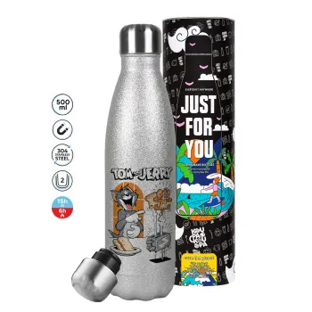 Tom n Jerry, Metallic Glitter Silver Thermos Flask (Stainless steel), double-walled, 500ml