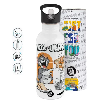 Tom n Jerry, White water bottle with straw, stainless steel 600ml