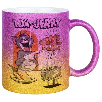 Tom n Jerry, Κούπα Χρυσή/Ροζ Glitter, κεραμική, 330ml