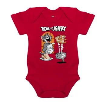 Tom n Jerry, Βρεφικό φορμάκι μωρού, ΚΟΚΚΙΝΟ, 100% Organic Cotton, κοντομάνικο