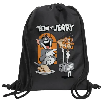 Tom n Jerry, Backpack pouch GYMBAG Black, with pocket (40x48cm) & thick cords