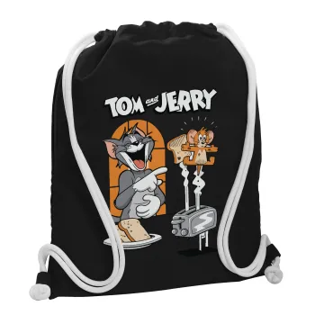 Tom n Jerry, Backpack pouch GYMBAG Black, with pocket (40x48cm) & thick white cords