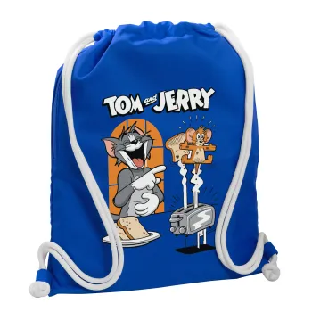 Tom n Jerry, Τσάντα πλάτης πουγκί GYMBAG Μπλε, με τσέπη (40x48cm) & χονδρά κορδόνια