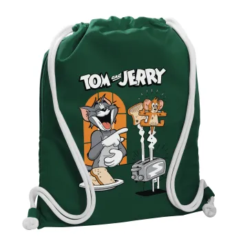 Tom n Jerry, Τσάντα πλάτης πουγκί GYMBAG BOTTLE GREEN, με τσέπη (40x48cm) & χονδρά λευκά κορδόνια