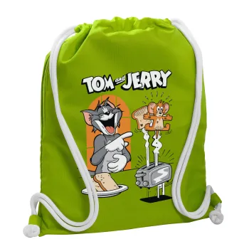 Tom n Jerry, Backpack bag GYMBAG LIME GREEN, with pocket (40x48cm) & thick cords