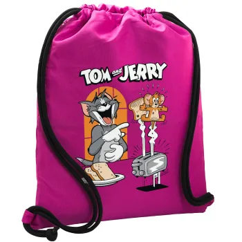 Tom n Jerry, Backpack pouch GYMBAG Fuchsia, with pocket (40x48cm) & thick cords