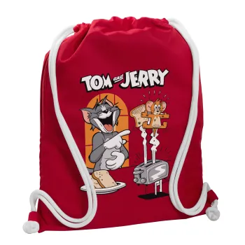 Tom n Jerry, Τσάντα πλάτης πουγκί GYMBAG Κόκκινη, με τσέπη (40x48cm) & χονδρά κορδόνια