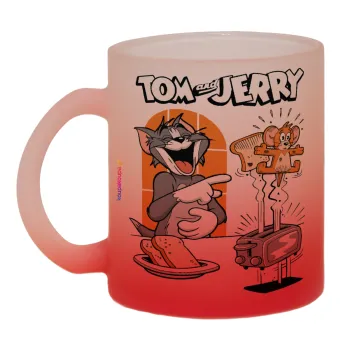 Tom n Jerry, Κούπα γυάλινη δίχρωμη με βάση το κόκκινο ματ, 330ml
