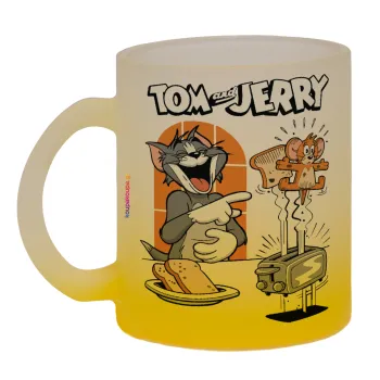 Tom n Jerry, Κούπα γυάλινη δίχρωμη με βάση το κίτρινο ματ, 330ml