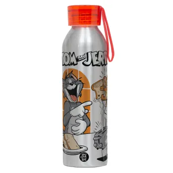 Tom n Jerry, Aluminum Sports Bottle 650ml – Silver with Red Cap and Silicone Strap