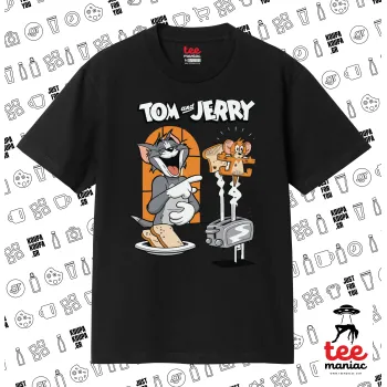 Tom n Jerry, ΜΑΥΡΟ Κλασικό T-Shirt, διπλής ραφής, χωρίς πλευρικές ραφές από 100% βαμβάκι. Vegan & OEKO-TEX πιστοποιημένο.