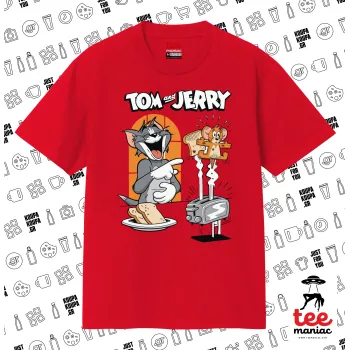 Tom n Jerry, ΚΟΚΚΙΝΟ Κλασικό T-Shirt, διπλής ραφής, χωρίς πλευρικές ραφές από 100% βαμβάκι. Vegan & OEKO-TEX πιστοποιημένο.