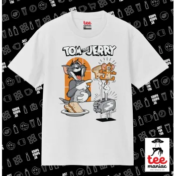 Tom n Jerry, ΛΕΥΚΟ Κλασικό T-Shirt, διπλής ραφής, χωρίς πλευρικές ραφές από 100% βαμβάκι. Vegan & OEKO-TEX πιστοποιημένο.