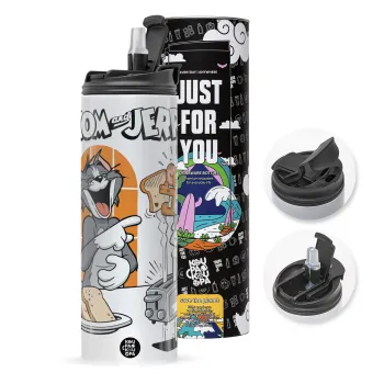 Tom n Jerry, Travel Tumbler 2 Lids, with metal straw & cleaning brush (Stainless steel 304 Food grade, BPA free, 600ml)
