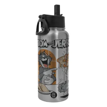 Tom n Jerry, Metal mug thermo Silver with Straw and Spout Lid (Stainless steel), double wall, 950ml