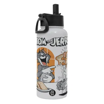 Tom n Jerry, Metal mug thermo White with Straw and Spout Lid (Stainless steel), double wall, 950ml