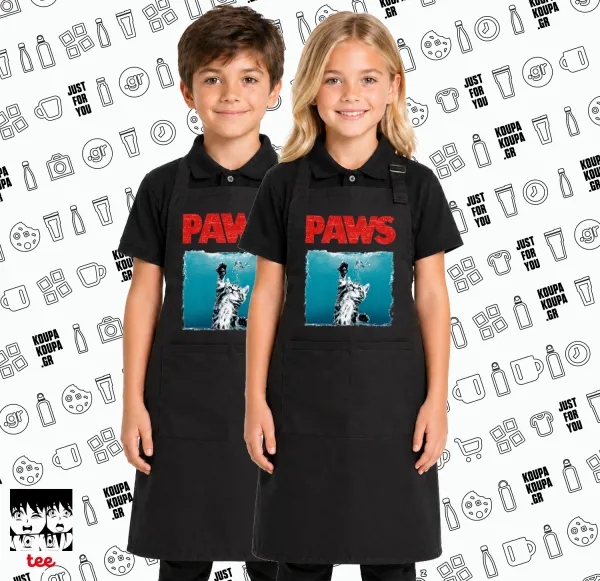 PAWS — Black kids' kitchen apron with 2 pockets (one size, kids)