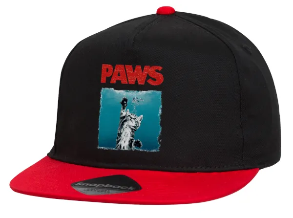 PAWS — Flat Snapback Hat, Black/Red (100% COTTON, UNISEX, ONE SIZE)