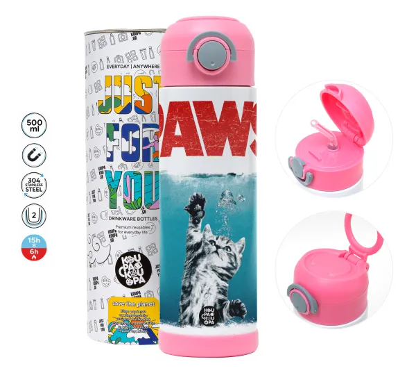 PAWS — Children's hot water bottle, stainless steel, with safety straw, PINK (500ml)