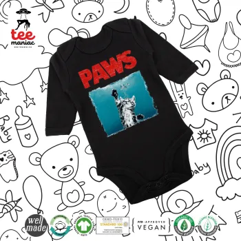 PAWS, Μακρυμάνικο βρεφικό φορμάκι, 0-18 μηνών, ΜΑΥΡΟ, 100% Organic Cotton