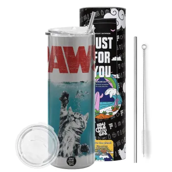 PAWS, Tumbler ποτήρι θερμό Ασημένιο από ανοξείδωτο ατσάλι 600ml, με μεταλλικό καλαμάκι & βούρτσα καθαρισμού