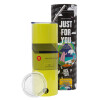 Neon Yellow Travel Tumbler θερμό, μεταλλικό καλαμάκι(Ανωξείδωτο 304 Food grade, BPA free, 600ml)