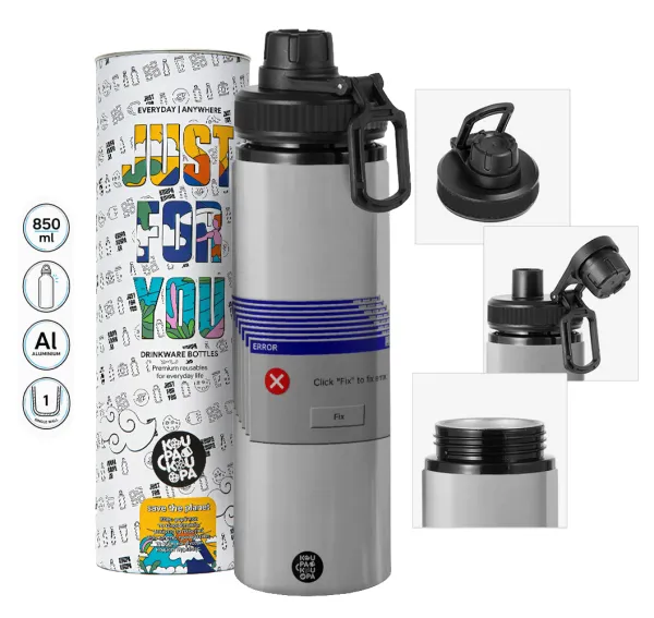 Fatal Error — Metallic water bottle with safety cap, 850ml aluminum